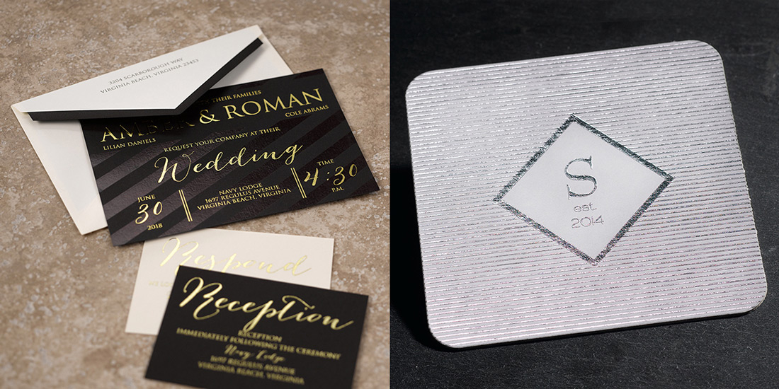 A foil stamped wedding invitation with gold foil on black paper and a coaster with silver foil on white pulpboard.