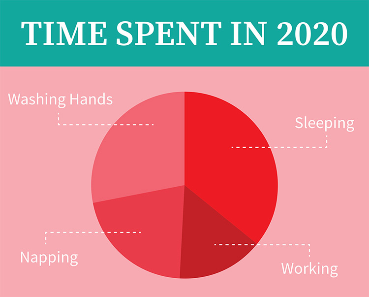 A funny pie chart to explain time spent in 2020 including time spent washing hands, napping, sleeping and working. 