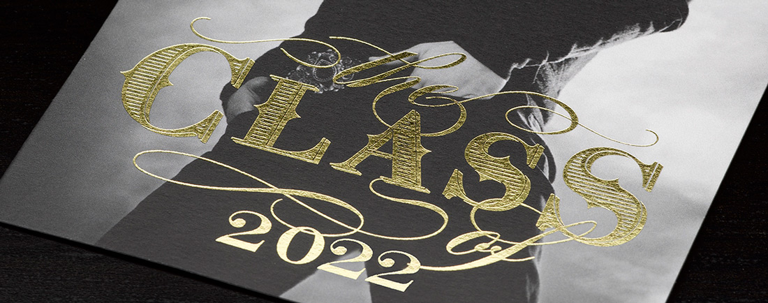 Graduation announcement with rock-star style design in gold foil stamping. 