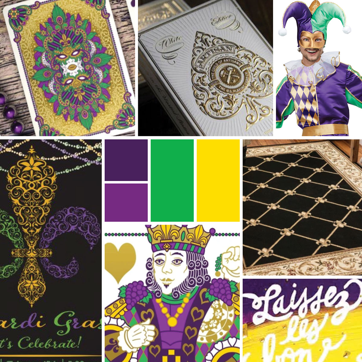 A collage of imagery that inspired the mardi gras invitation design. 
