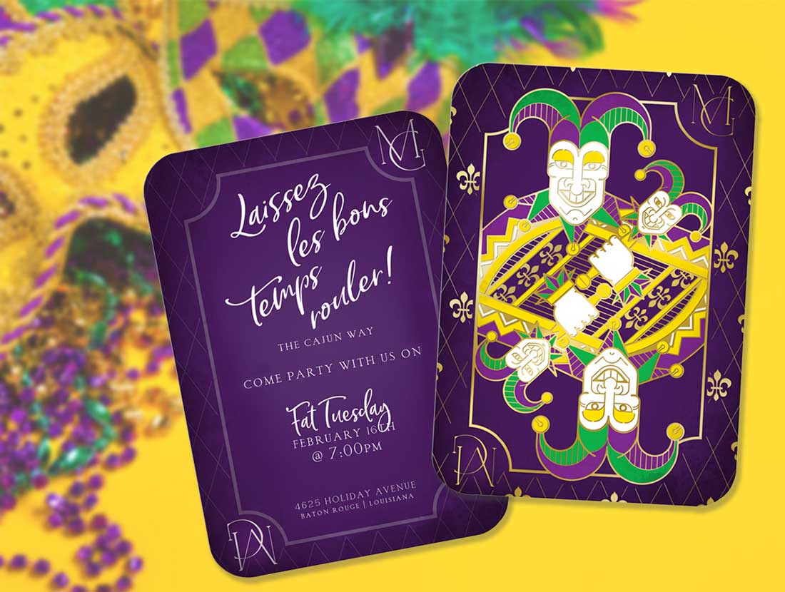A digitally printed mardi gras invitation in brilliants purples and golds shown against a masquerade background. 