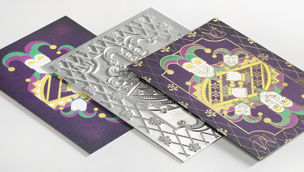 A mardi gras party invitation broken into three pieces: the digitally joker design, metal die and the finished piece with foil. 