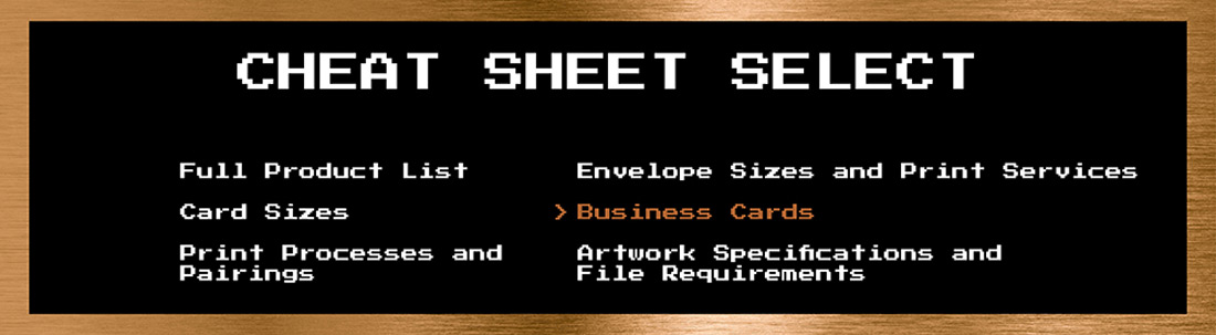 Retro gaming design shows "Cheat Sheet Select" at top and cheat sheet options in DOS-style text. 