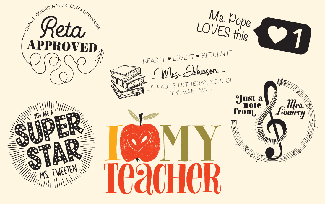 A variety of custom stamp designs for teachers is shown on a cream-colored piece of paper. 