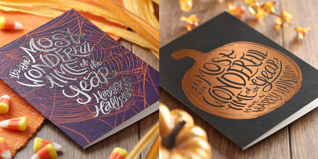 Two custom Halloween cards shown side by side with digital printing and foil stamping.