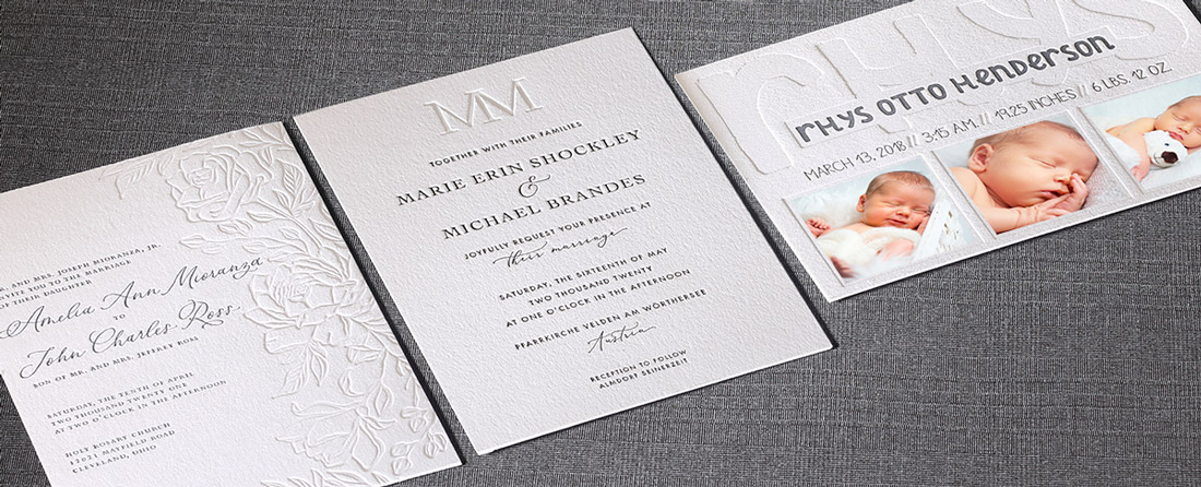Three cards are shown with blind letterpress to mimic the look of blind embossing. 