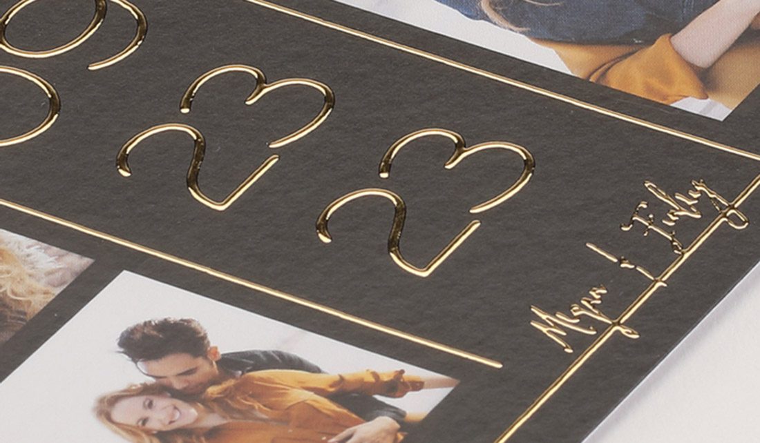 A save the date is shown with gold enhanced foil against a black background. 