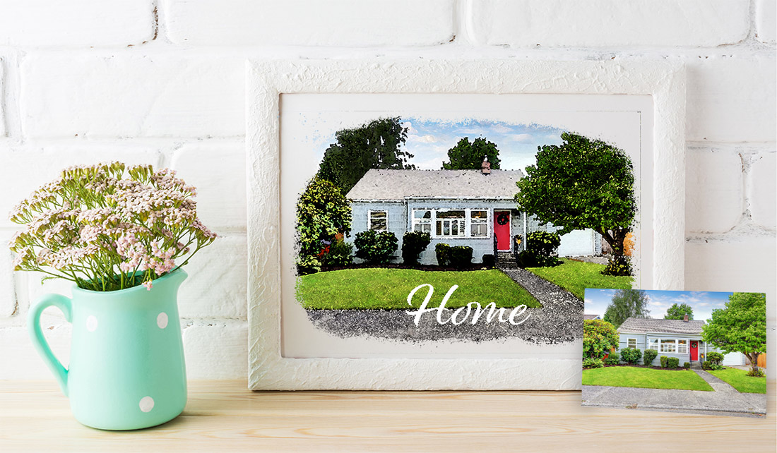 A home illustration art print is shown in an elegant white frame next to an aqua vase of flowers. 