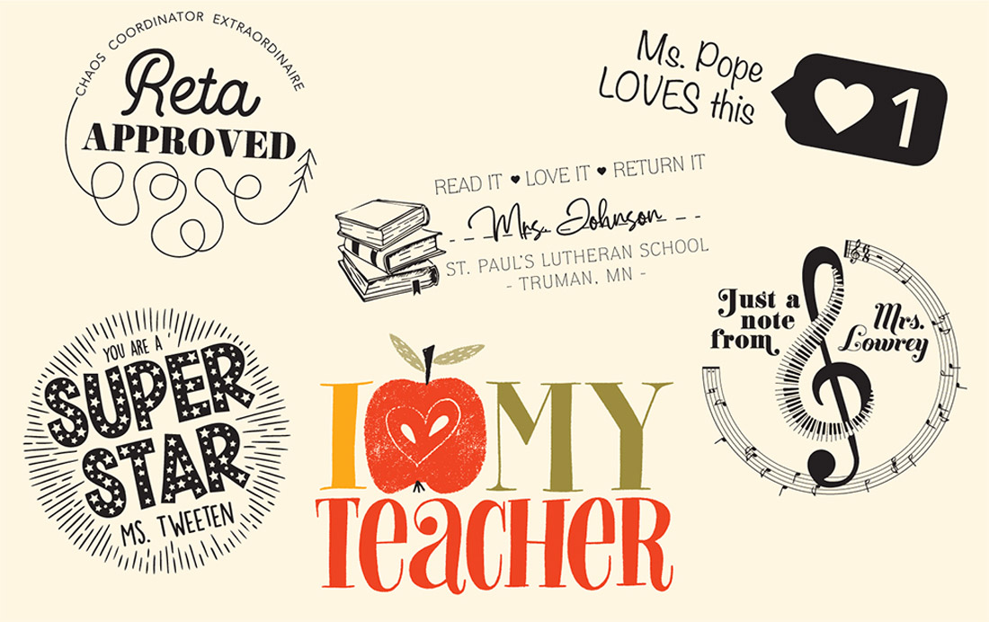 Custom stamp designs for teachers are shown all stamped on one piece of paper. 