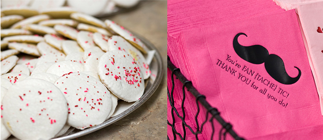Fuchsia napkins shown with a black foil mustache and "You're FAN[TACHE]TIC! Thank you for all you do!"