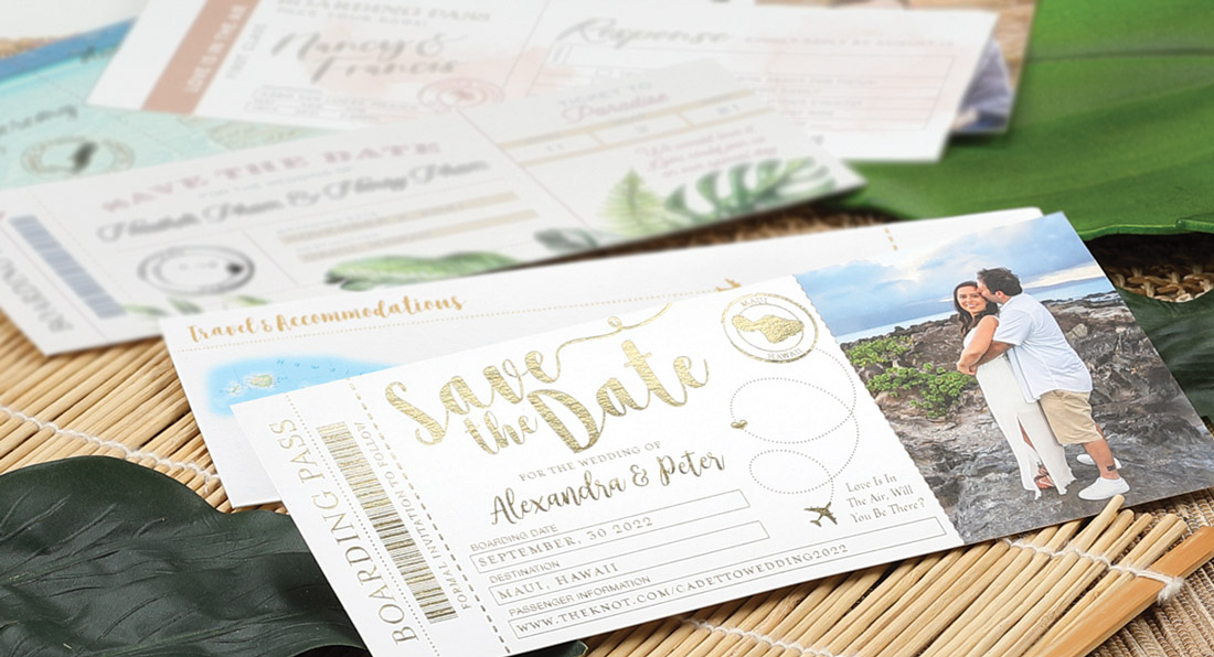 A save-the-date designed to look like an airline ticket is shown with other designs in the background. 