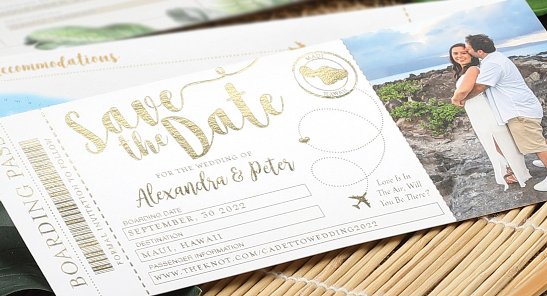 A save-the-date designed to look like an airline ticket is shown with gold foil stamping.