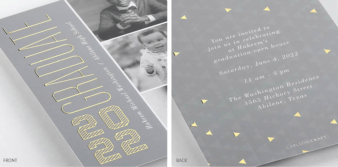 A closeup image of the texture of raised enhanced foil on the front and back of a graduation announcement. 