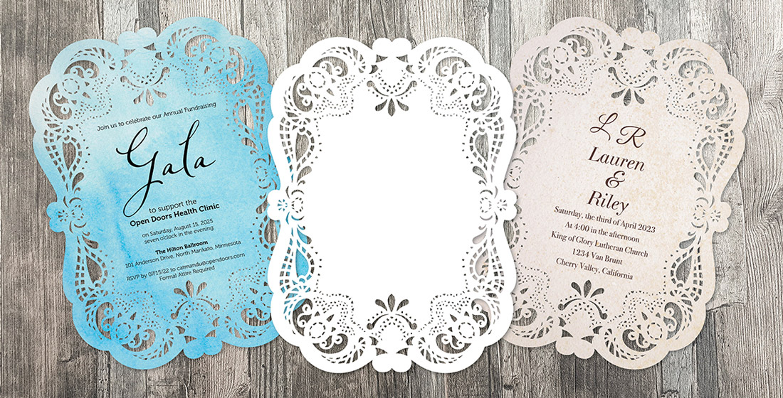 The same laser cut design is shown used in three different ways on these event invitations. 