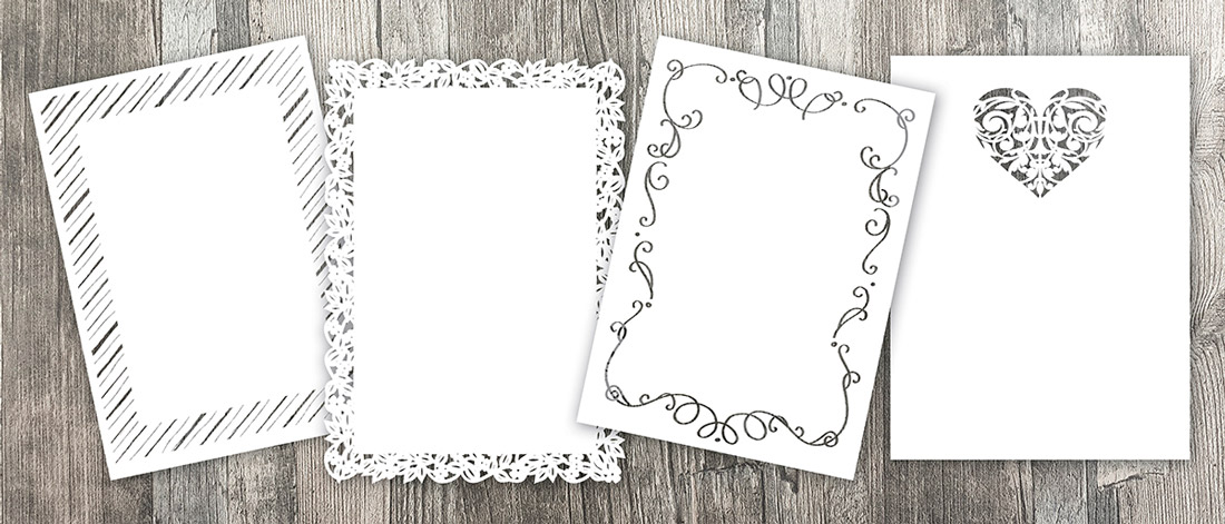 Free design templates shown with laser cut designs to create custom invitations and more. 