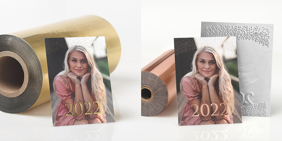 Photo graduation announcements featuring foil shown with rolls of foil. 