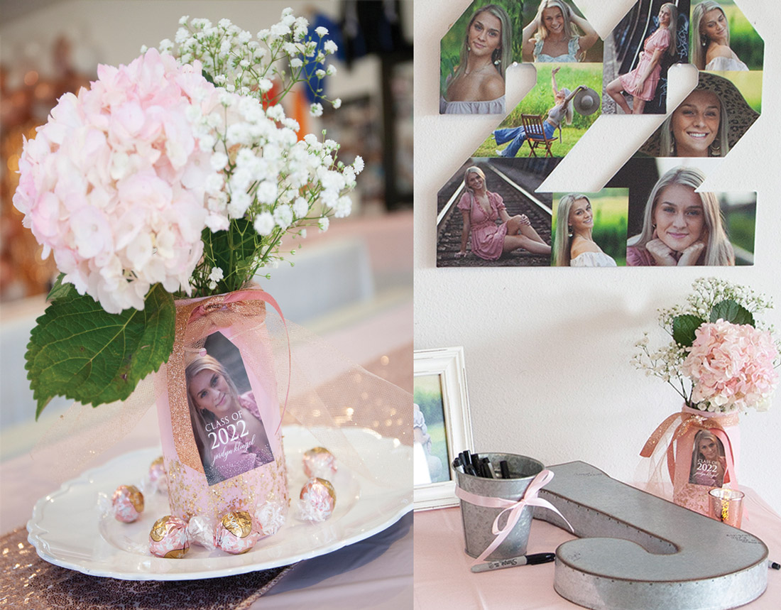 A bouquet of flowers shown with the gradute's photo plus an acrylic #2 filled with photos.