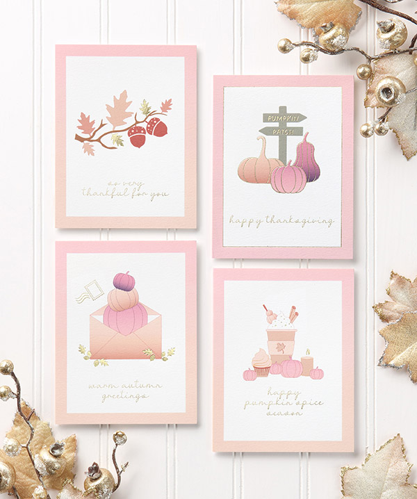 Autumn-themed greeting cards is light pastels with digital printing and gold foil. 