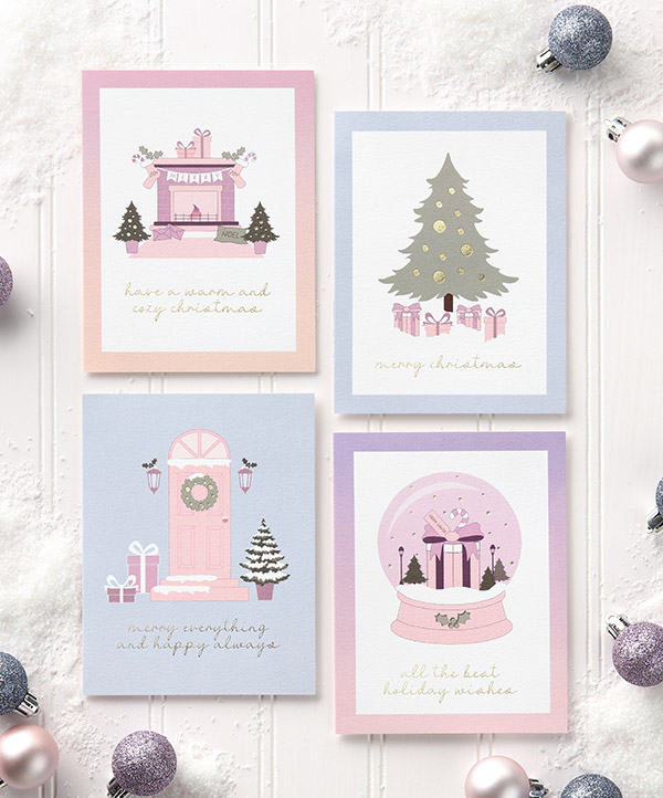 Modern holiday cards in light pastels with digital printing and gold foil. 