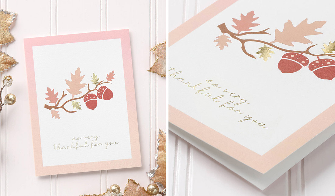 A custom Thanksgiving card with autumn leaves and acorns in digital print with fold foil accents. 