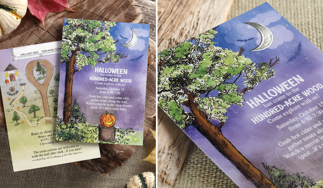 Artwork featuring a pumpkin in the forefront of a purple evening sky appears on custom Halloween party invitations.