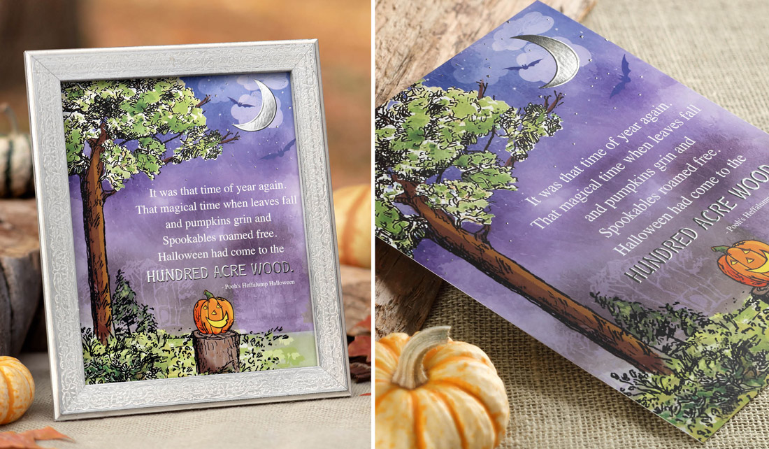 An art print featuring a pumpkin in the forefront of a purple evening sky and silver enhanced foil moon.