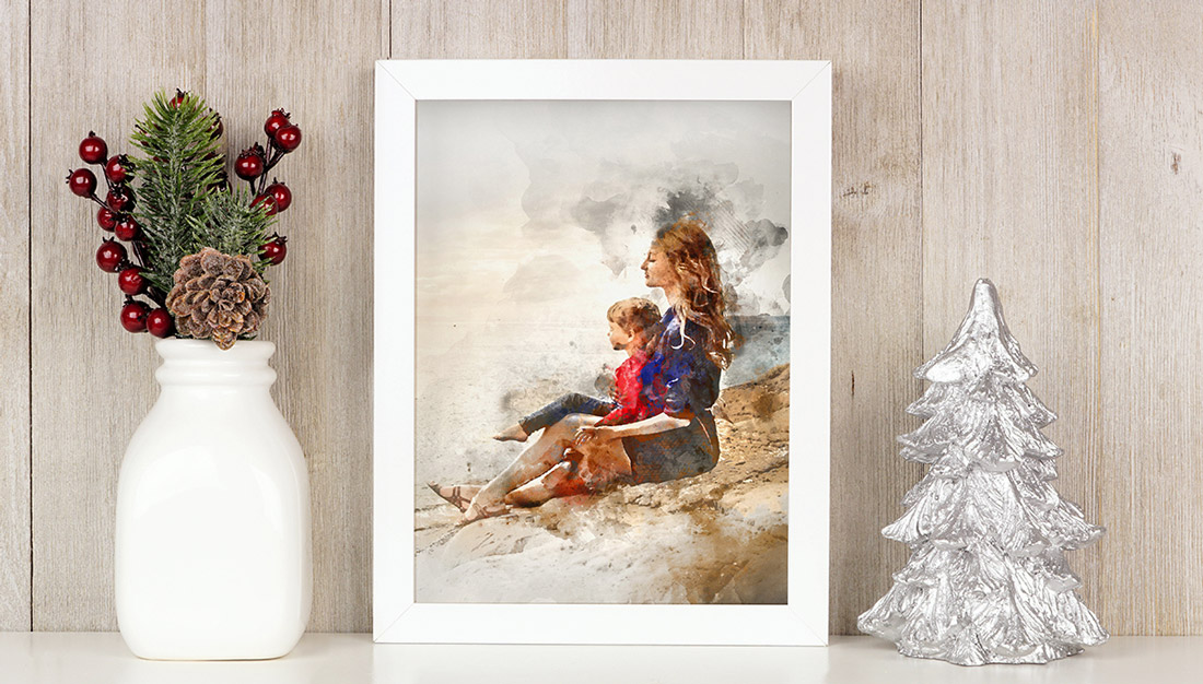 A framed custom art print of a mother and her child peering out over the ocean displayed on a shelf. 