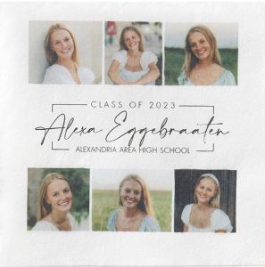 A digitally printed beverage napkin with six senior photos and personalization in the center. 