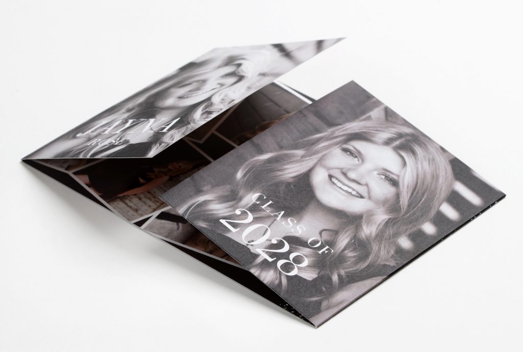 The A7 Gatefold Card with custom graduation design is shown folded with the graduate's photos on the front. 