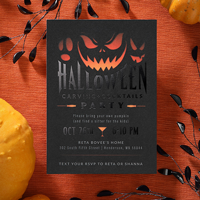 Custom Halloween party invitation with a spooky Jack o' lantern design and black foil wording.