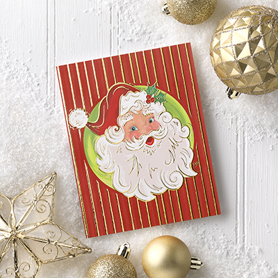 A custom print greeting card with a classic Santa in digital print and enhanced gold foil accents.