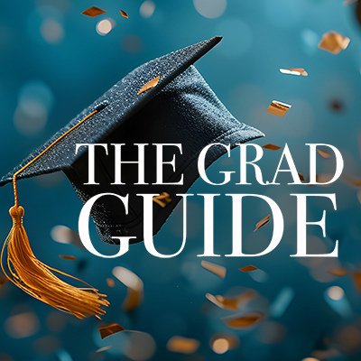 An image of a grad cap with "The Grad Guide" shown.