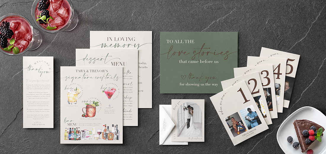 Custom print wedding reception pieces in earth tones.