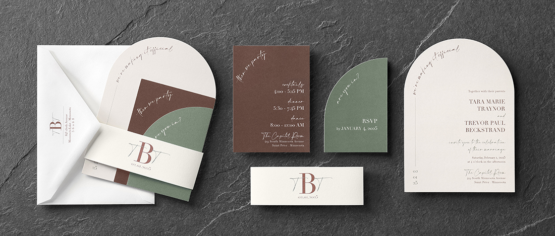 Custom wedding invitation with unique shapes and earth tones.