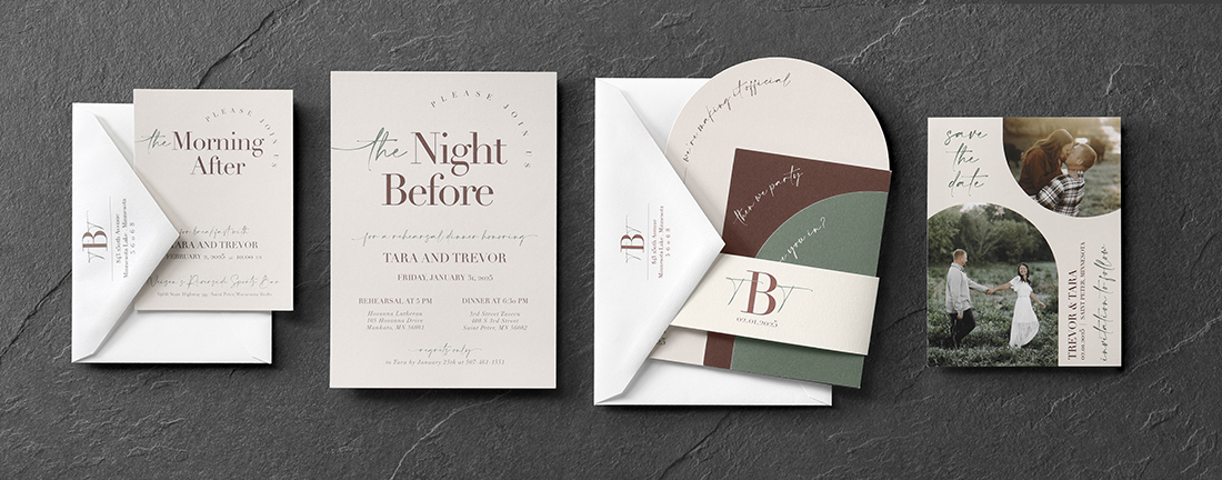 Custom wedding invitations, save the dates, and rehearsal dinner invitations with unique shapes and earth tones.