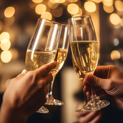 People toasting with blurred lights in the background.